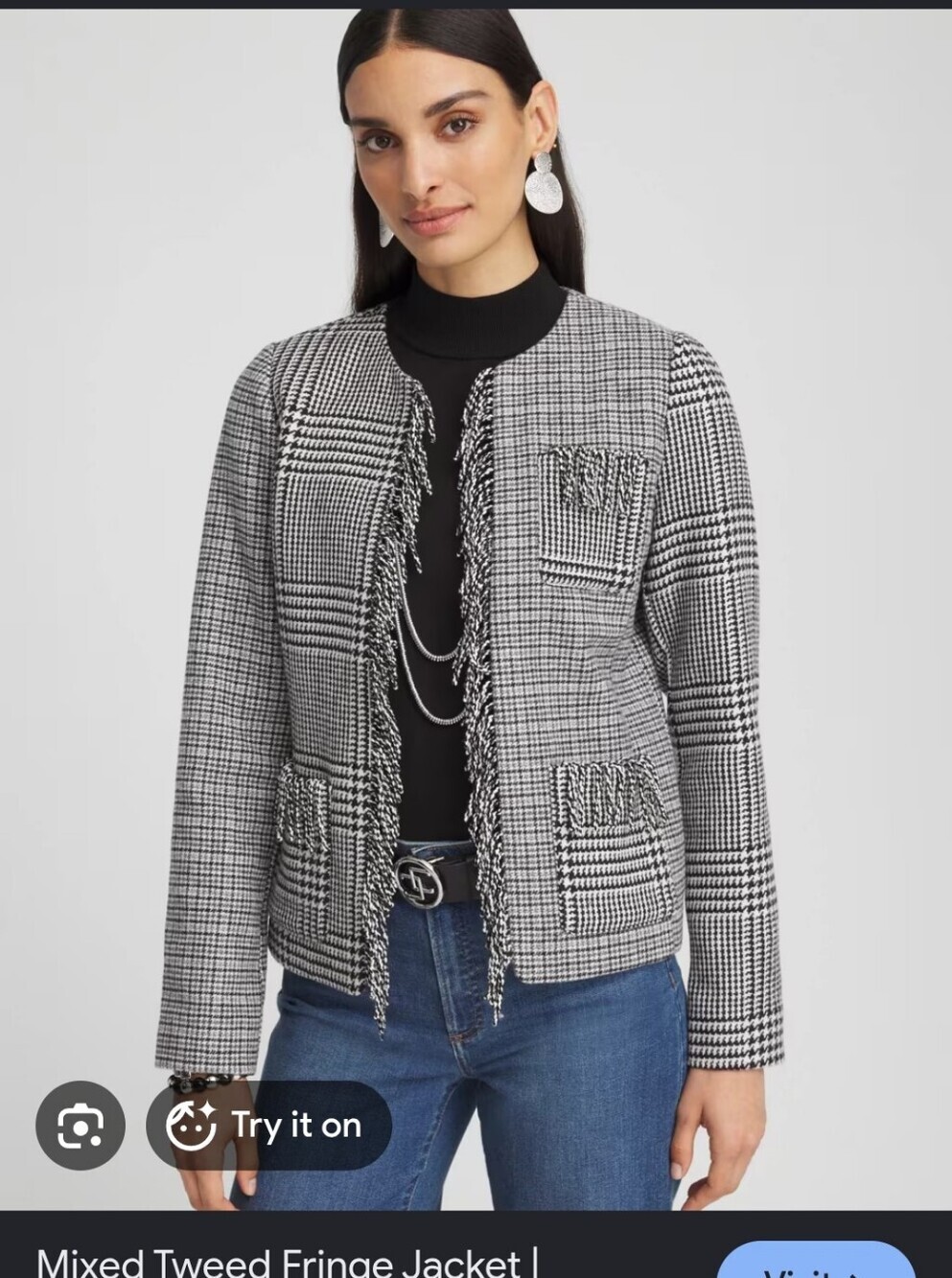 Chico's Black and White Tweed Fringe Jacket